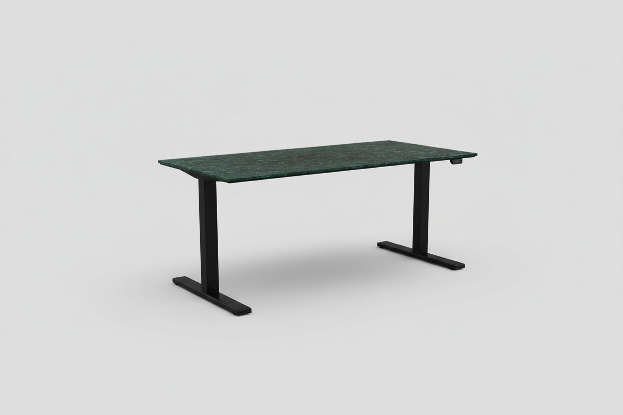 Paustian hæve-sænkebord 160x80 cm med blå/grøn bordplade og sort stel – set forfra